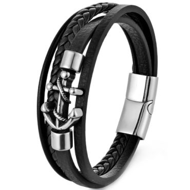 ***COI Titanium Black Silver Anchor Genuine Leather Bracelet With Steel Clasp(Length: 8.27 inches)-01377A