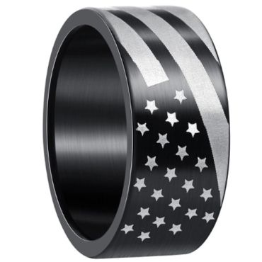 ***COI Titanium Black/Silver American Flag Pipe Cut Flat Ring-01380A