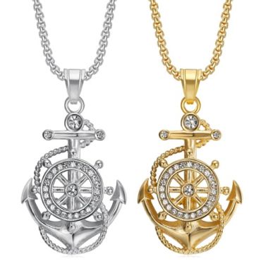 ***COI Titanium Gold Tone/Silver Anchor & Steering Wheel Pendant With Cubic Zirconia-01383A