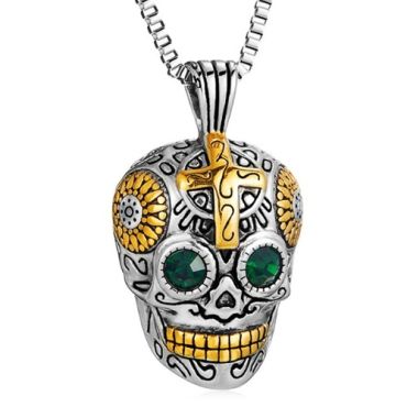 ***COI Titanium Black Gold Tone Silver Skull Pendant With Created Green Emerald-01385A