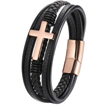 ***COI Titanium Black/Gold Tone/Rose/Silver Cross Genuine Leather Bracelet With Steel Clasp(Length: 8.27 inches)-01388A
