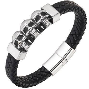 ***COI Titanium Black Silver Skull Genuine Leather Bracelet With Steel Clasp(Length: 8.27 inches)-01389A