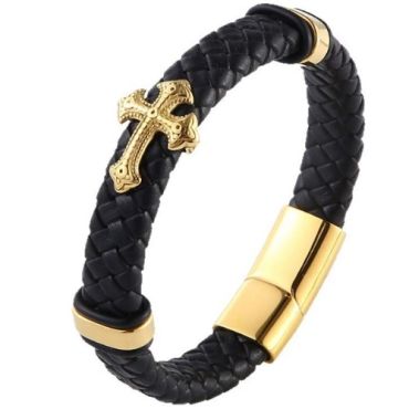 ***COI Gold Tone Titanium Cross Genuine Leather Bracelet With Steel Clasp(Length: 8.46 inches)-01392A