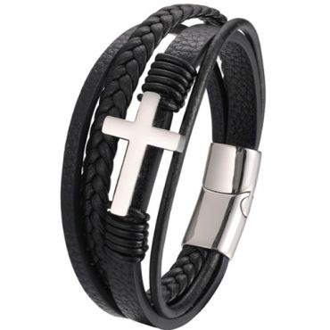 ***COI Titanium Black/Gold Tone/Silver Cross Genuine Leather Bracelet With Steel Clasp(Length: 9.05 inches)-01393A