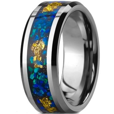 ***COI Tungsten Carbide Crushed Opal & Gold Foil Beveled Edges Ring-01412A