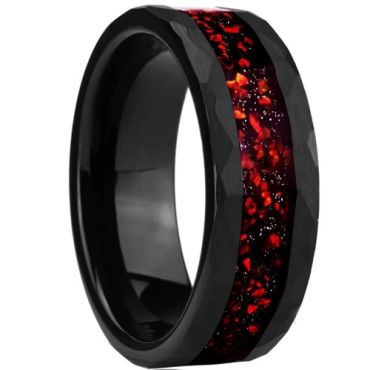 ***COI Black Tungsten Carbide Ring With Crushed Opal & Meteorite-01413A