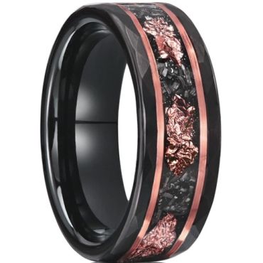 ***COI Tungsten Carbide Black Rose Faceted Ring With Meteorite & Rose Gold Foil-01415A