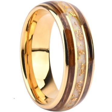 ***COI Gold Tone Tungsten Carbide Gold Foil Ring With Crushed Opal & Koa Wood-01416A