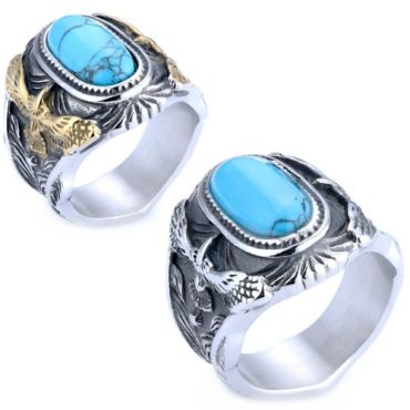 ***COI Titanium Black Gold Tone/Silver Eagle Ring With Turquoise-01423A