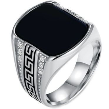 ***COI Titanium Black/Gold Tone/Silver Greek Key Black Onyx Ring With Cubic Zirconia-01431A