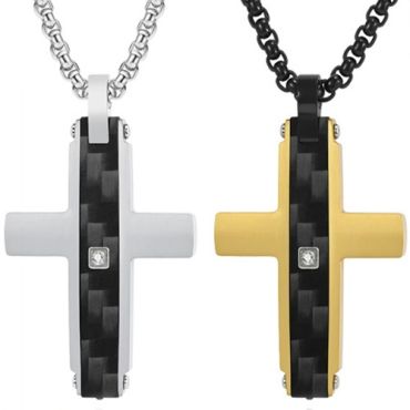 ***COI Titanium Gold Tone/Silver Cross Pendant With Carbon Fiber & Cubic Zirconia-01433A