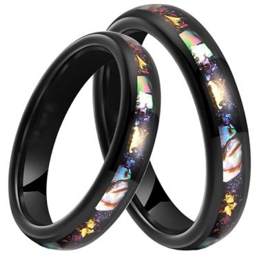 ***COI Black Tungsten Carbide Abalone Shell Meteorite & Gold Foil Dome Court Ring-01439A