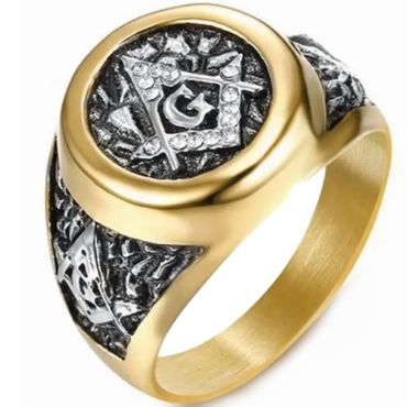***COI Titanium Black Gold Tone Masonic Freemason Ring With Cubic Zirconia-01454A