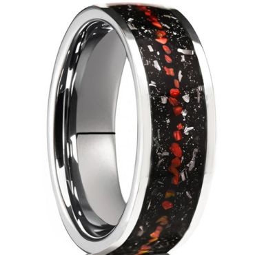 ***COI Black Tungsten Carbide Ring With Meteorite & Created Red Ruby-01456A