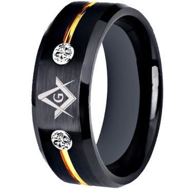 ***COI Titanium Black Gold Tone Masonic Freemason Ring With Cubic Zirconia-01457A