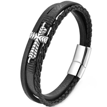 ***COI Titanium Black Silver Cross Genuine Leather Bracelet With Steel Clasp(Length: 8.27 inches)-01463A