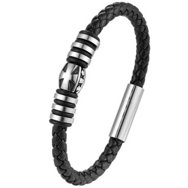 ***COI Titanium Black Silver Cross Genuine Leather Bracelet With Steel Clasp(Length: 8.27 inches)-01464A