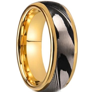 ***COI Tungsten Carbide Black Gold Tone Silver Damascus Ring-01468A