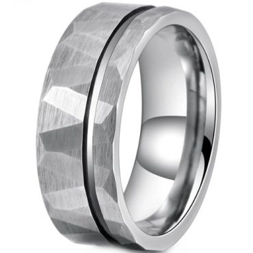***COI Tungsten Carbide Offset Groove Faceted Ring-01470A