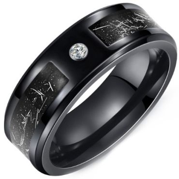 ***COI Black Tungsten Carbide Meteorite Beveled Edges Ring With Cubic Zirconia-01471A