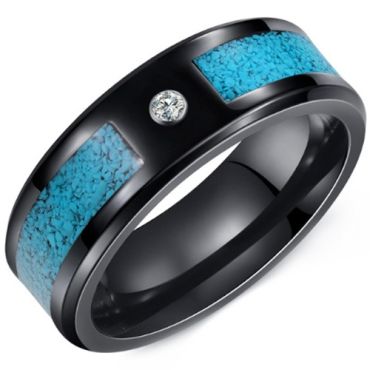 ***COI Black Tungsten Carbide Turquoise Beveled Edges Ring With Cubic Zirconia-01472A