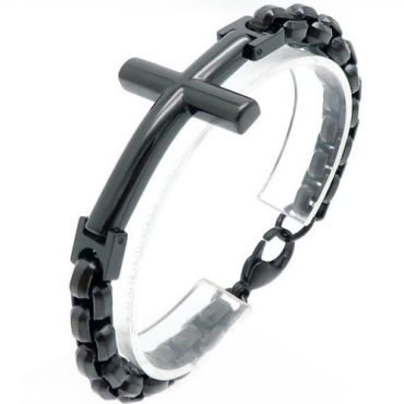 ***COI Titanium Black/Gold Tone/Silver Cross Bracelet With Steel Clasp(Length: 8.27 inches) -01495A