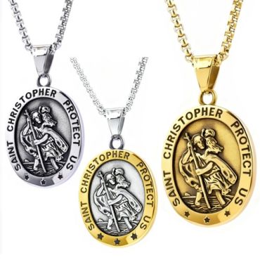 ***COI Titanium Silver/Gold Tone/Gold Tone Silver Saint Christopher Protect Us Pendant-01503A