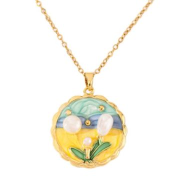 ***COI Gold Tone Titanium Enamel & Pearl Pendant-01504A