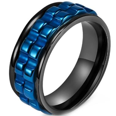 ***COI Titanium Black/Silver/Black Blue Grooves Rotating Ring-01513A