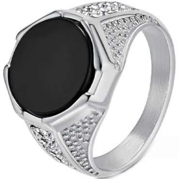 ***COI Titanium Gold Tone/Silver Cubic Zirconia Ring With Black Onyx-01529A