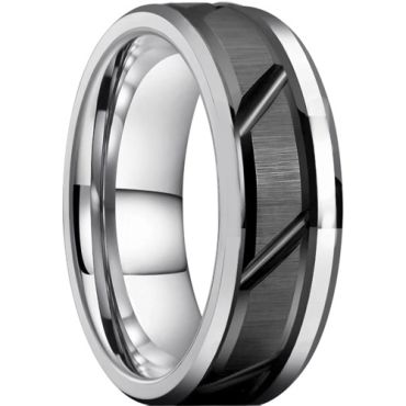 ***COI Tungsten Carbide Black Silver Diagonal Grooves Beveled Edges Ring-01538A