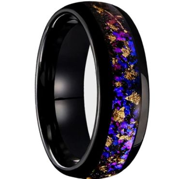 ***COI Black Tungsten Carbide Crushed Opal Meteorite & Gold Foil Dome Court RIng-01541A