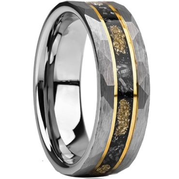 ***COI Tungsten Carbide Gold Tone Silver Meteorite & Gold Foil Faceted Ring-01542A