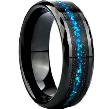 ***COI Black Tungsten Carbide Faceted Meteorite & Crushed Opal Ring-01543A