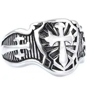 ***COI Titanium Silver/Gold Tone Silver Cross Ring-01555A