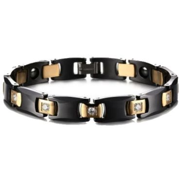 ***COI Titanium Gold Tone Black Ceramic Cubic Zirconia Bracelet With Steel Clasp(Length: 8.27 inches)-01563A