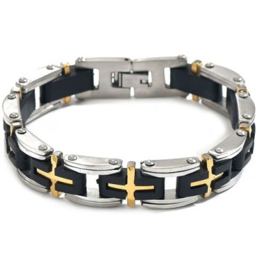 ***COI Titanium Black Gold Tone Silver Cross Bracelet With Steel Clasp(Length: 8.46 inches)-01568A