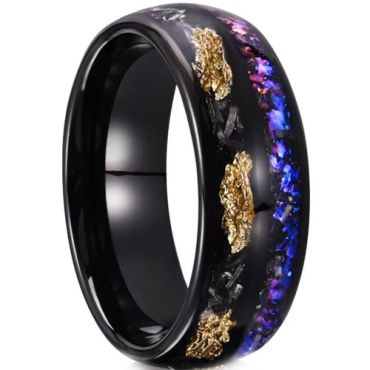 ***COI Black Titanium Meteorite Gold Foil & Crushed Opal Dome Court Ring-01588A