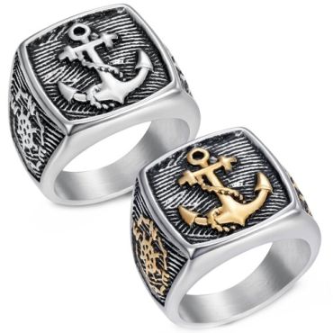 ***COI Titanium Black Silver/Black Gold Tone Silver Anchor Ring-01604A