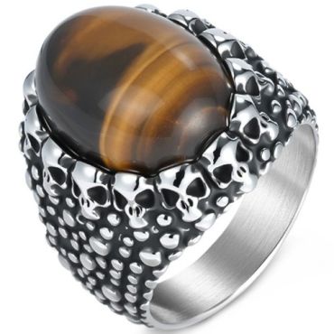 ***COI Titanium Black Silver Skull Ring With Tiger Eye or Black Onyx-01609A
