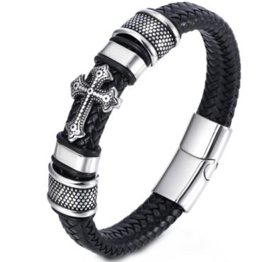 ***COI Titanium Black Silver Cross Genuine Leather Bracelet With Steel Clasp(Length: 8.27 inches)-01612A