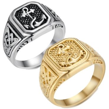 ***COI Titanium Black Silver/Gold Tone Anchor Ring-01616A