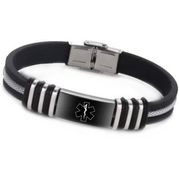 ***COI Titanium Gold Tone/Silver/Black Medical Alert Rubber Bracelet With Steel Clasp(Length: 8.27 inches)-01629A