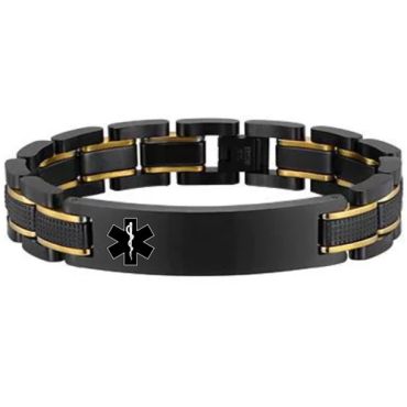 ***COI Titanium Black Gold Tone Medical Alert Bracelet With Steel Clasp(Length: 8.66 inches)-01647A
