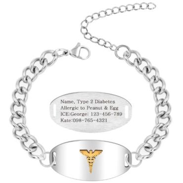 ***COI Titanium Gold Tone Black/Silver Medical Alert Custom Engraving Bracelet With Steel Clasp(Length: 8.27 inches)-01664A