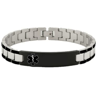 ***COI Titanium Black Silver Medical Alert Bracelet With Steel Clasp(Length: 7.87 inches)-01665A