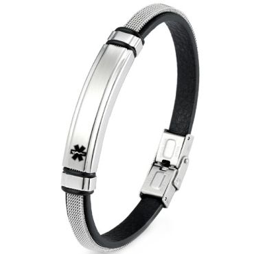 ***COI Titanium Black Silver Medical Alert Genuine Leather Bracelet With Steel Clasp(Length: 8.66 inches) -01681A