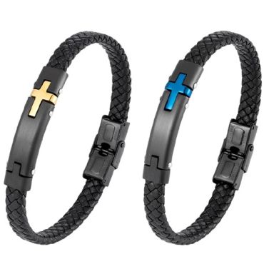 ***COI Titanium Black Blue/Gold Tone Cross Genuine Leather Bracelet With Steel Clasp(Length: 8.85 inches) -01682A
