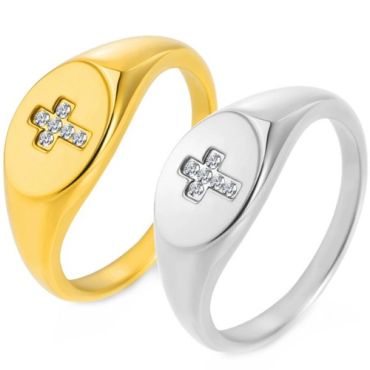 ***COI Titanium Gold Tone/Silver Cross Ring With Cubic Zirconia-01692A