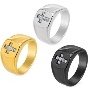 ***COI Titanium Black/Gold Tone/Silver Cross Ring With Cubic Zirconia-01693A